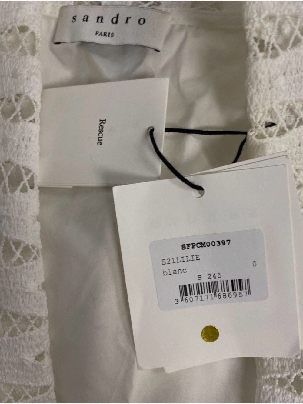 Sandro White Cotton Blouse with Lace-Trim Collar - Picture 3 of 4